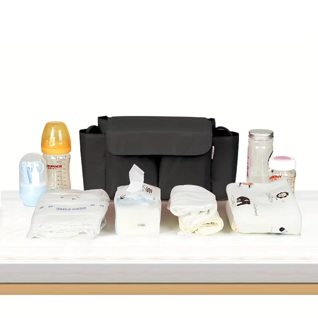 ToddlerOrganizer – Vandafvisende og rummelig – Barnevognsorganizer med flaskeholdere