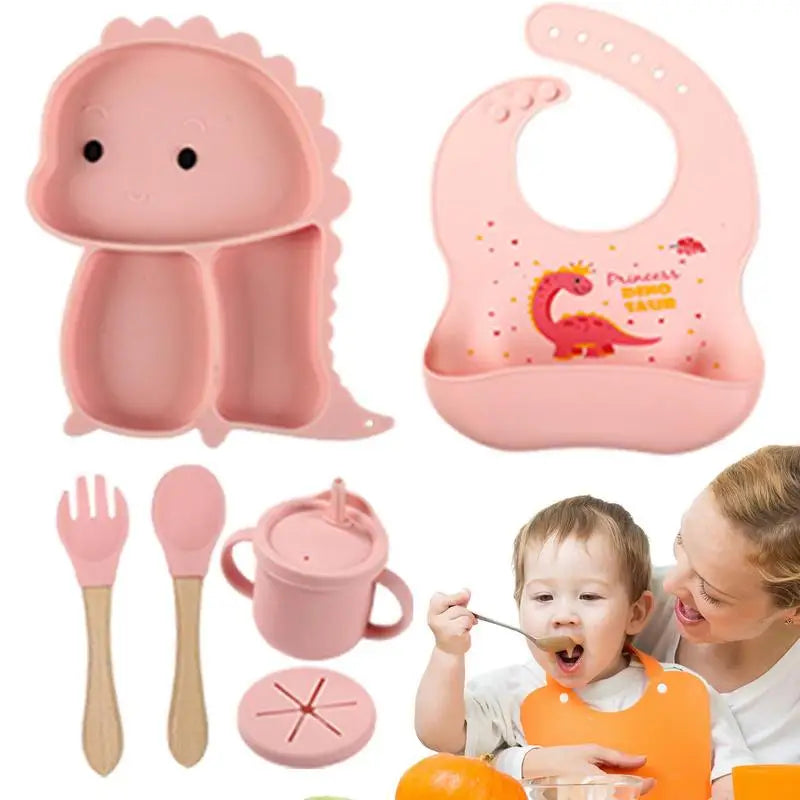 Dino Tablewear Set™ - Sæt med 7 dele - Spisesæt til børn i silikone