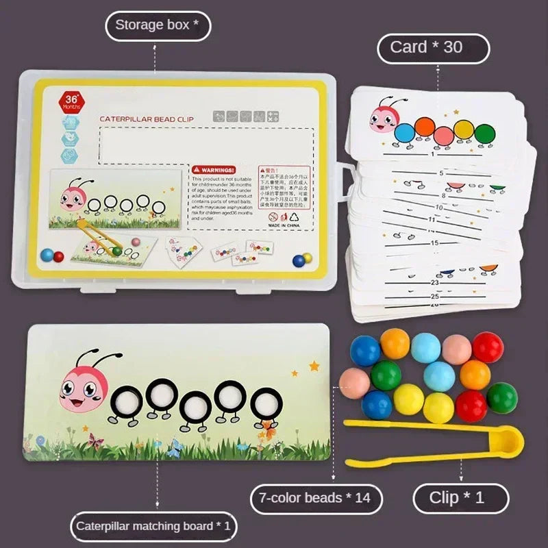 Wooden Clip Beads™ – Farverig bevægelsessjov med larven – Legetøj til farvesortering og motoriske færdigheder