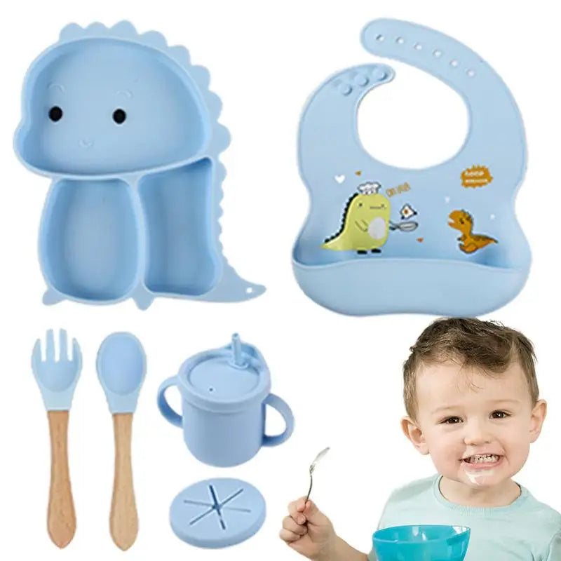 Dino Tablewear Set™ - Sæt med 7 dele - Spisesæt til børn i silikone