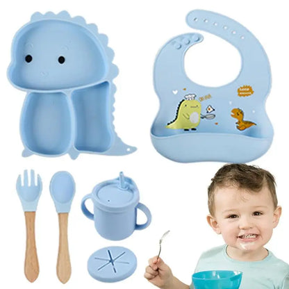 Dino Tablewear Set™ - Sæt med 7 dele - Spisesæt til børn i silikone